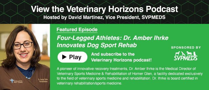 Promotional banner for the Veterinary Horizons Podcast, hosted by David Martinez, Vice President of SVPMEDS. The featured episode is titled Four-Legged Athletes: Dr. Amber Ihrke Innovates Dog Sport Rehab. The banner includes a photo of Dr. Amber Ihrk